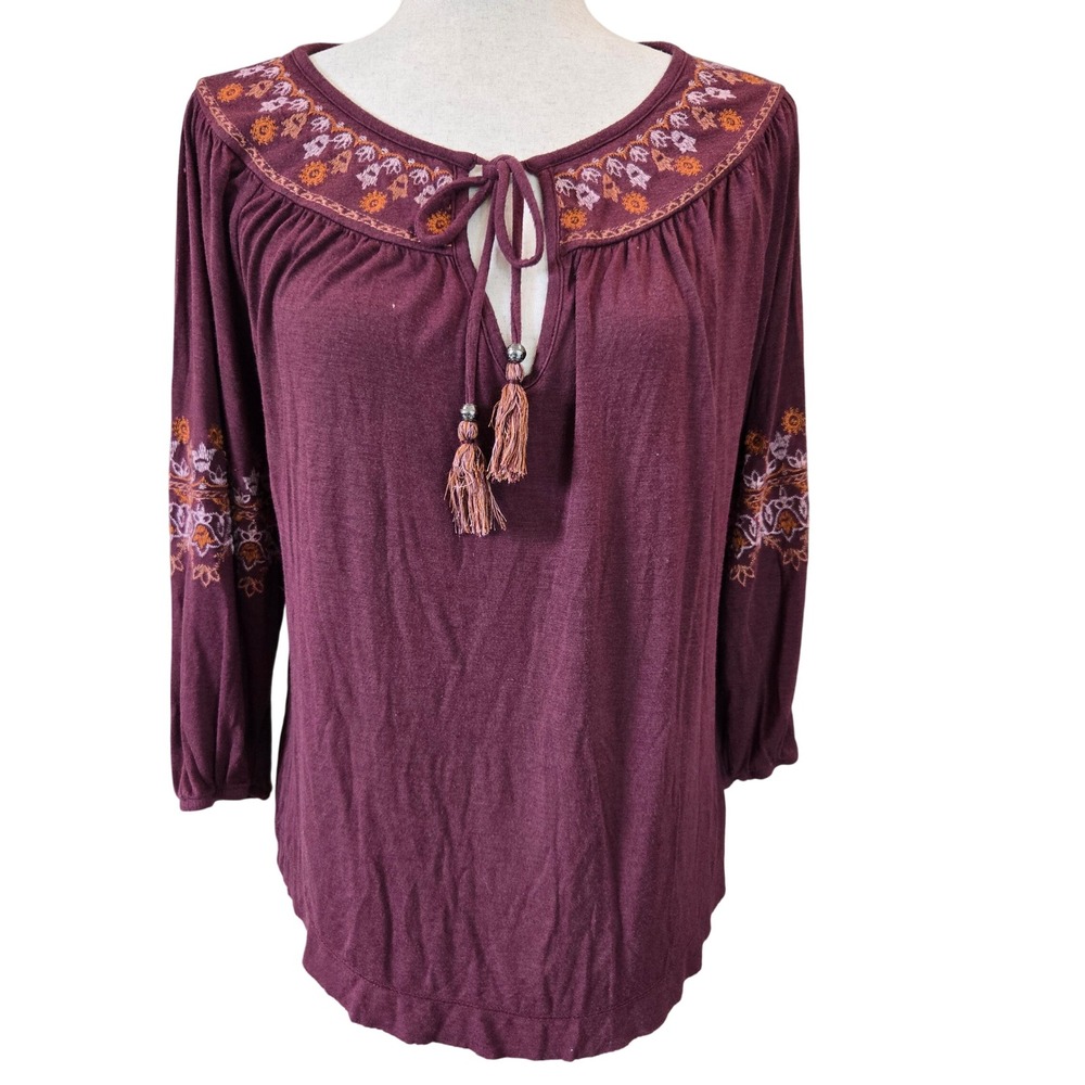 Womens M Embroidered Cottagecore‎ Boho Prairie Raw Hem  Hippie Festival Shirt